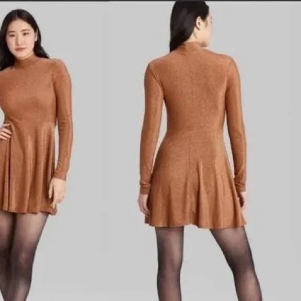 Wild Fable Gold Long Sleeve Lurex Fit & Flare Dress